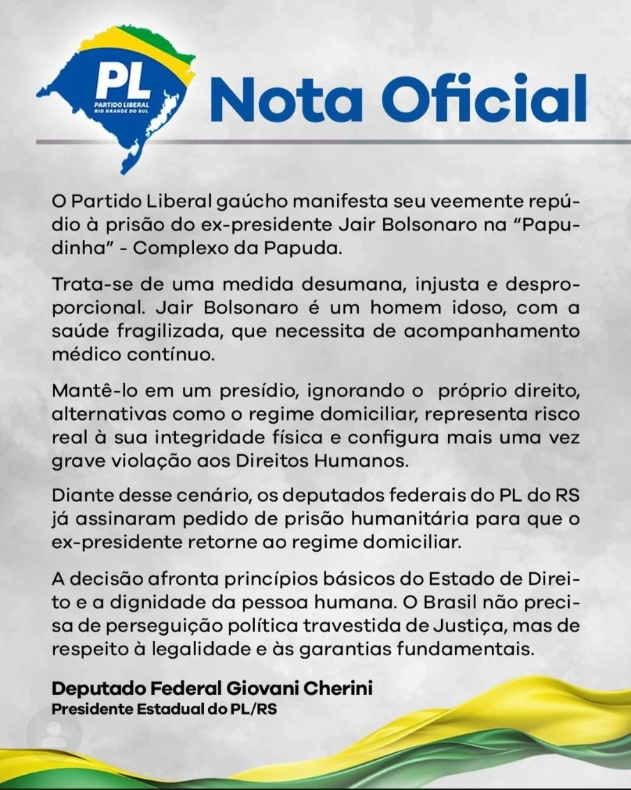 PL RS repudia prisão de Jair Bolsonaro e denuncia violação de direitos humanos