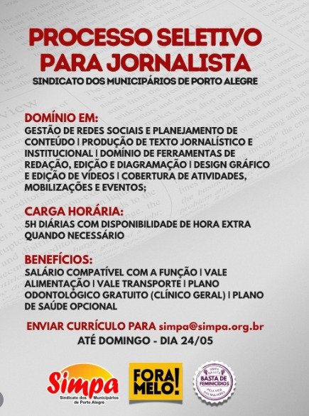 Sindicato ou Comitê Político? SIMPA escancara militância em anúncio de vaga para jornalista